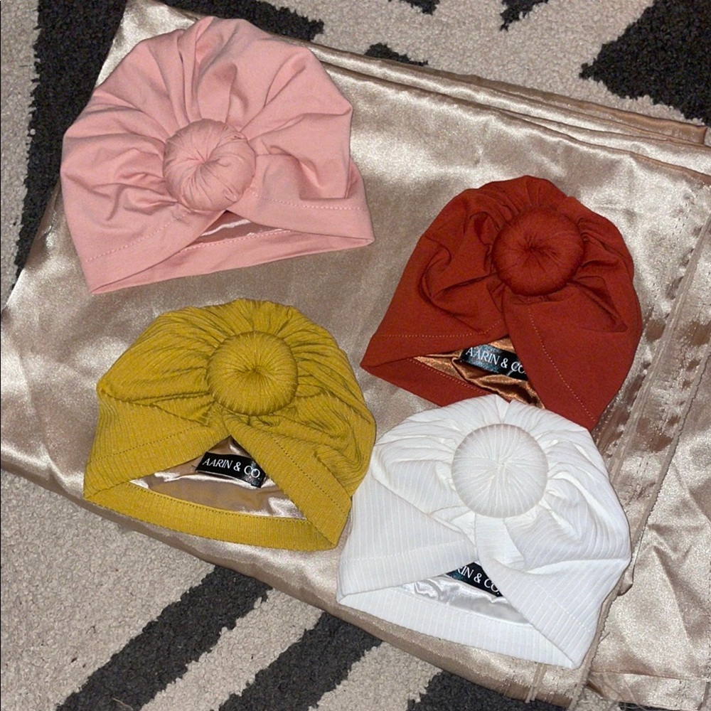 AARIN & CO. Kids Turban Hat Set - Pink, brick Red, mustard Yellow, White